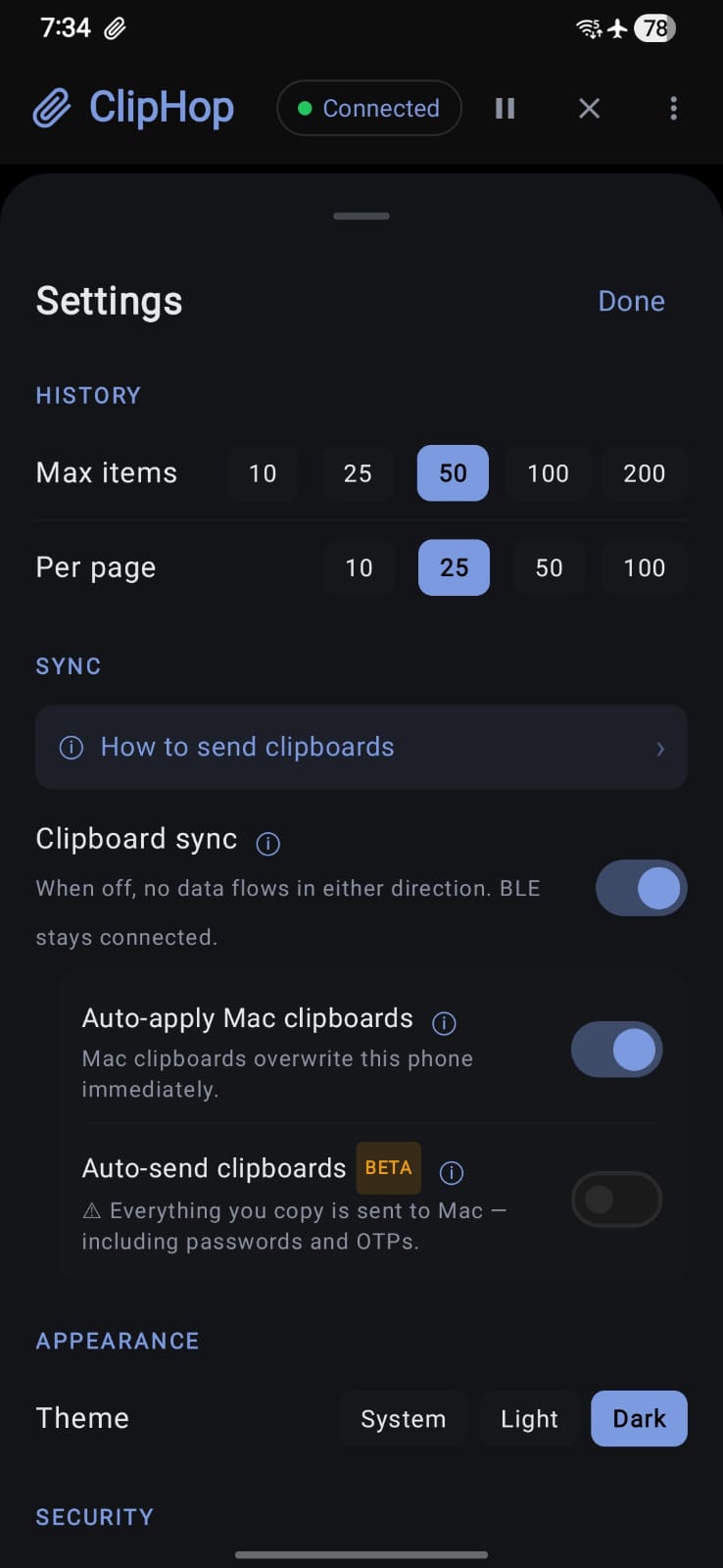 ClipHop for Android, Settings: Clipboard sync toggle on, Auto-apply Mac clipboards on, Auto-send clipboards (beta) off with a warning that it sends everything including passwords and OTPs.