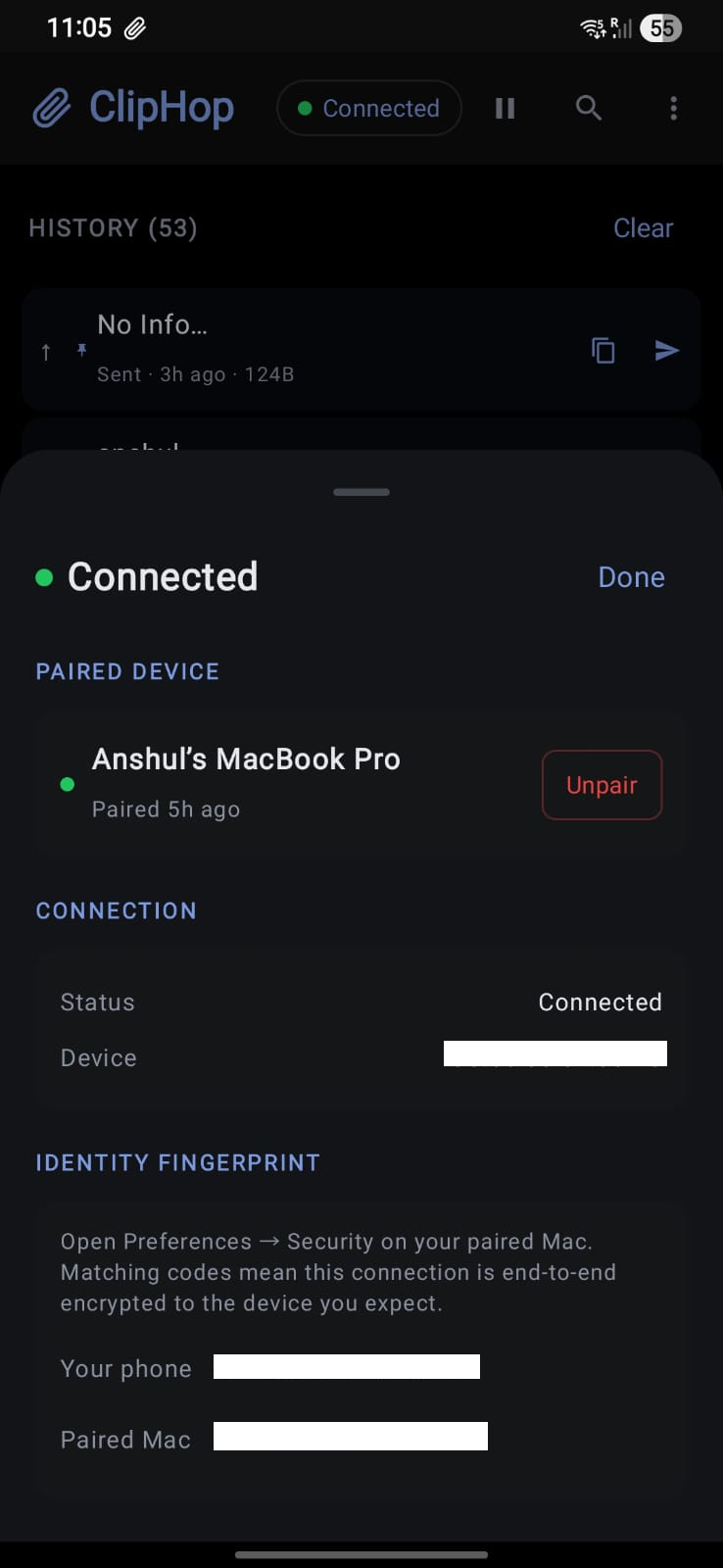 ClipHop's Paired Devices screen on Android: a Connected status pill, the paired Mac's name with an Unpair button, a Connection section, and an Identity Fingerprint section with Your phone and Paired Mac code rows that match when verification succeeds.
