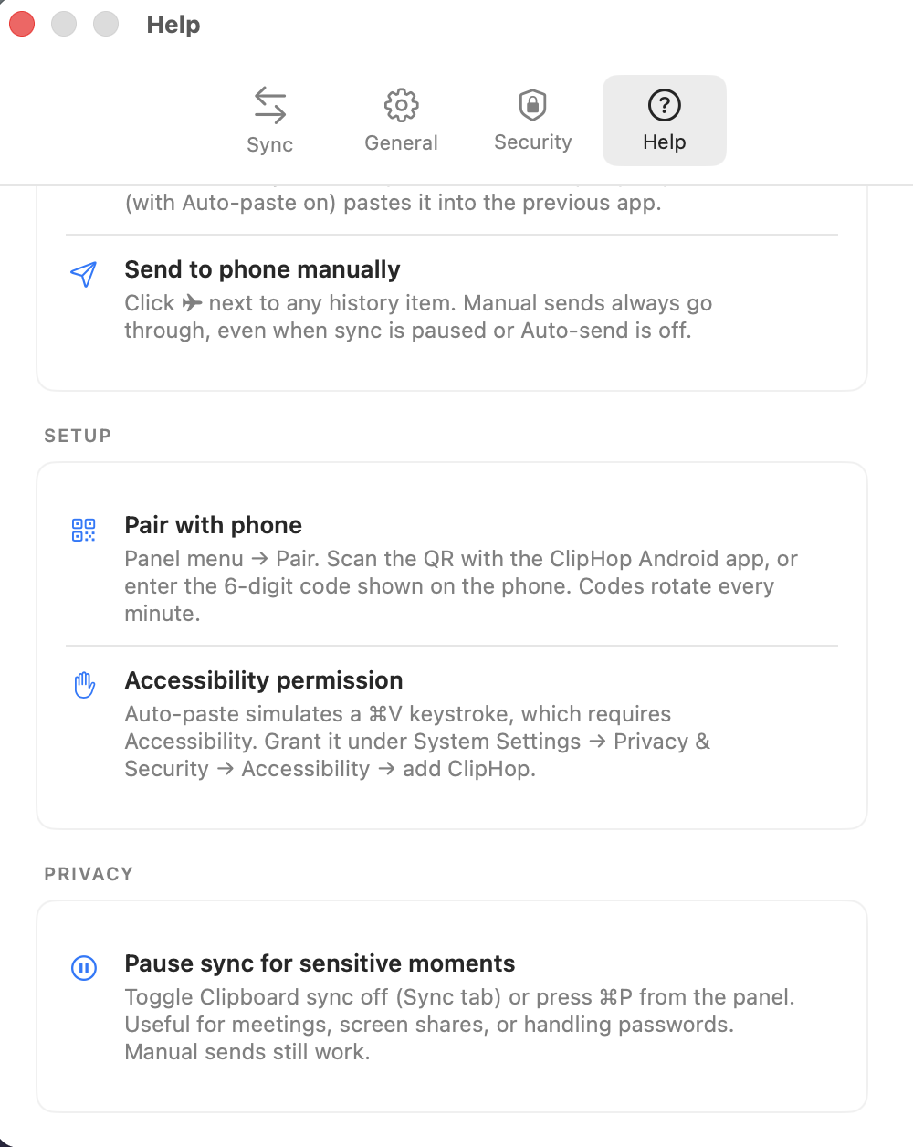 ClipHop for Mac, Help tab: a Privacy section with a tip titled 'Pause sync for sensitive moments' — toggle Clipboard sync off or press ⌘P from the panel; useful for meetings, screen shares, or handling passwords; manual sends still work.