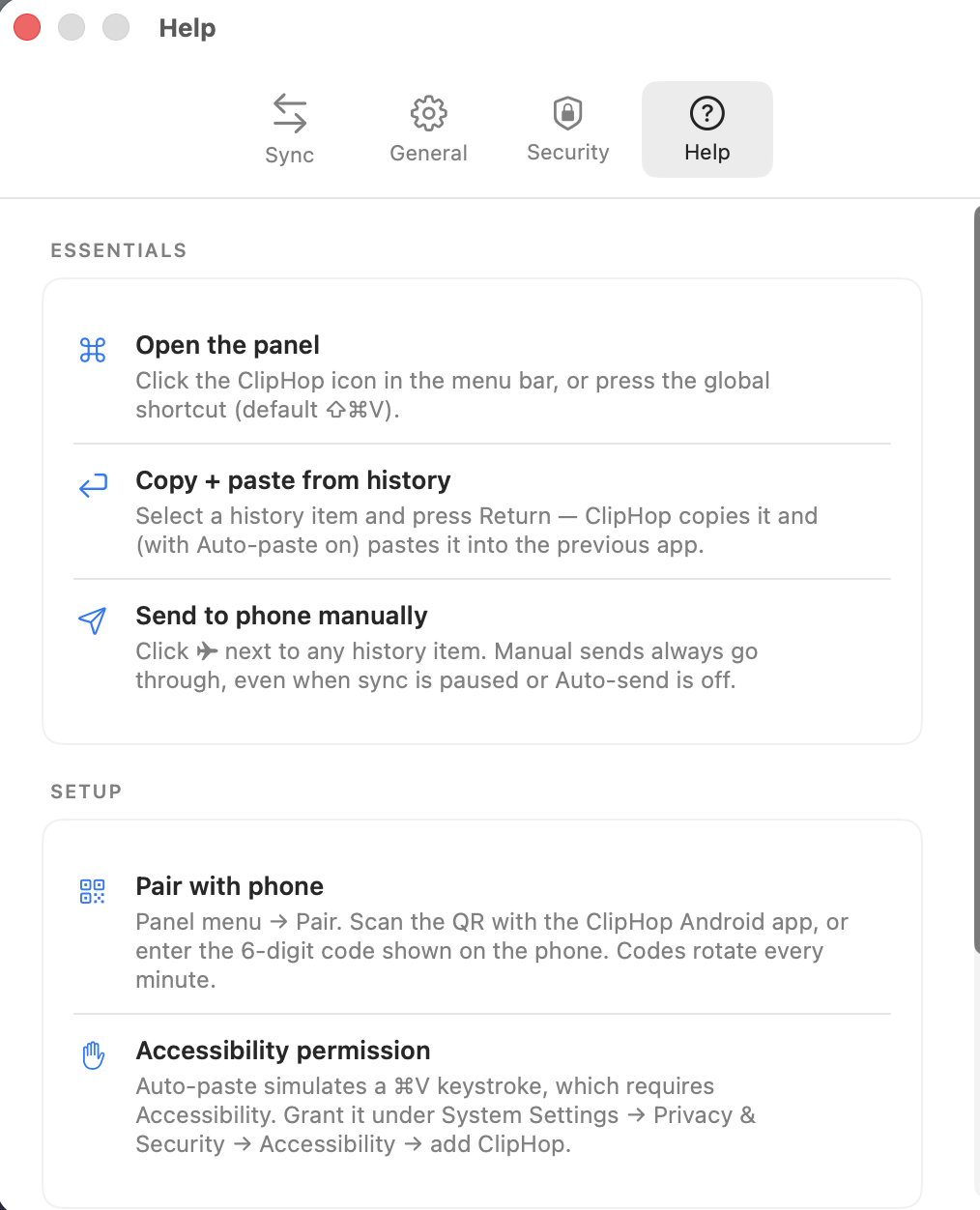 ClipHop for Mac, Help tab: 'Open the panel' with the default ⇧⌘V shortcut, 'Copy + paste from history' via Return, 'Send to phone manually' via the ✈ icon, plus setup tips for pairing and the Accessibility permission needed for auto-paste.